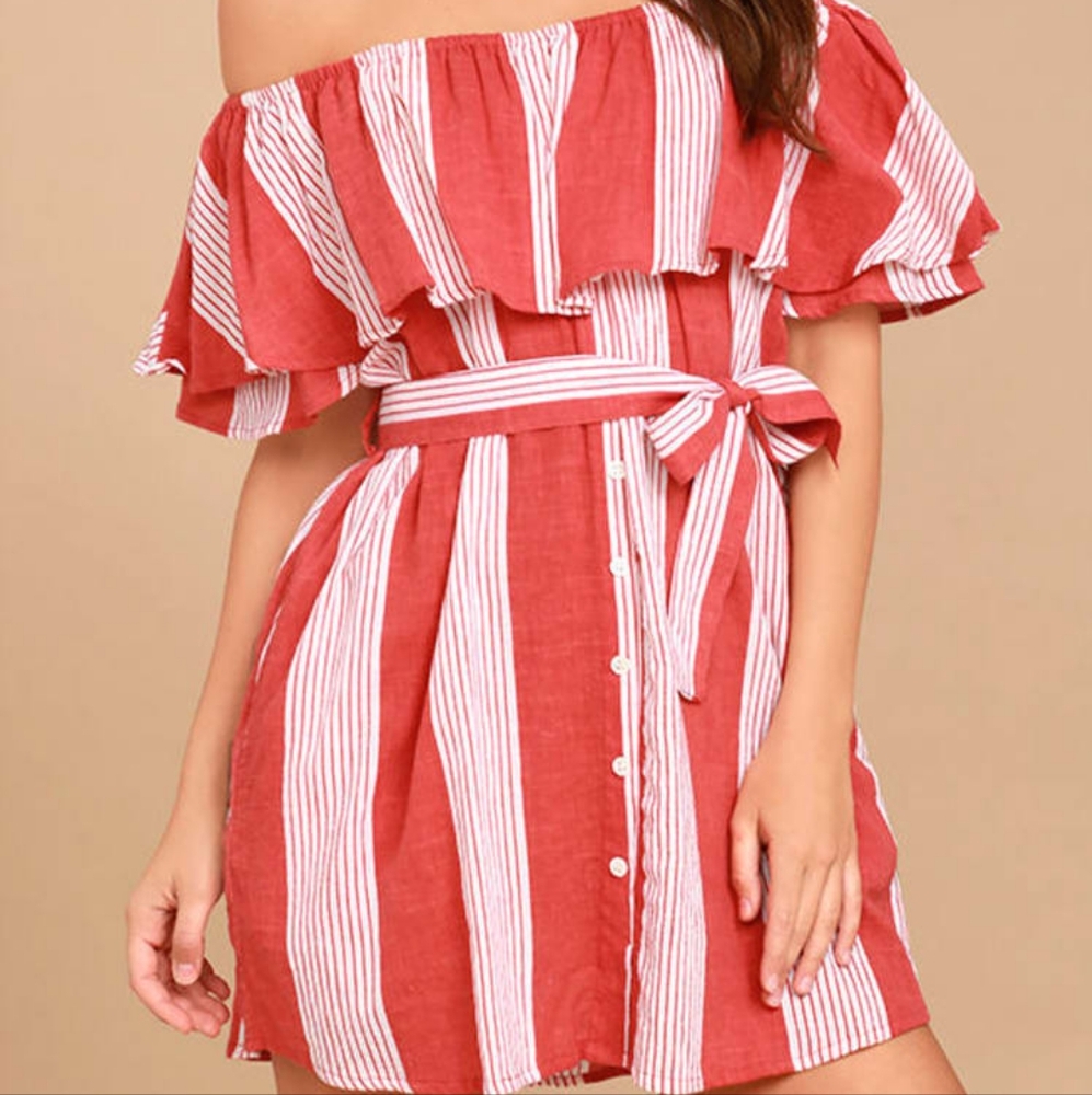Faithfull The Brand Amalfi Picnic Striped Off The Shoulder Dress